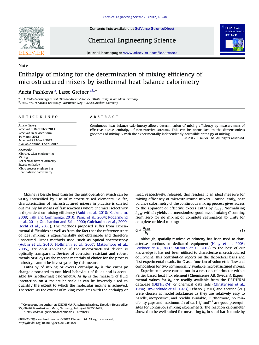 Enthalpy of mixing for the determination of mixing efficiency of microstructured mixers by isothermal heat balance calorimetry