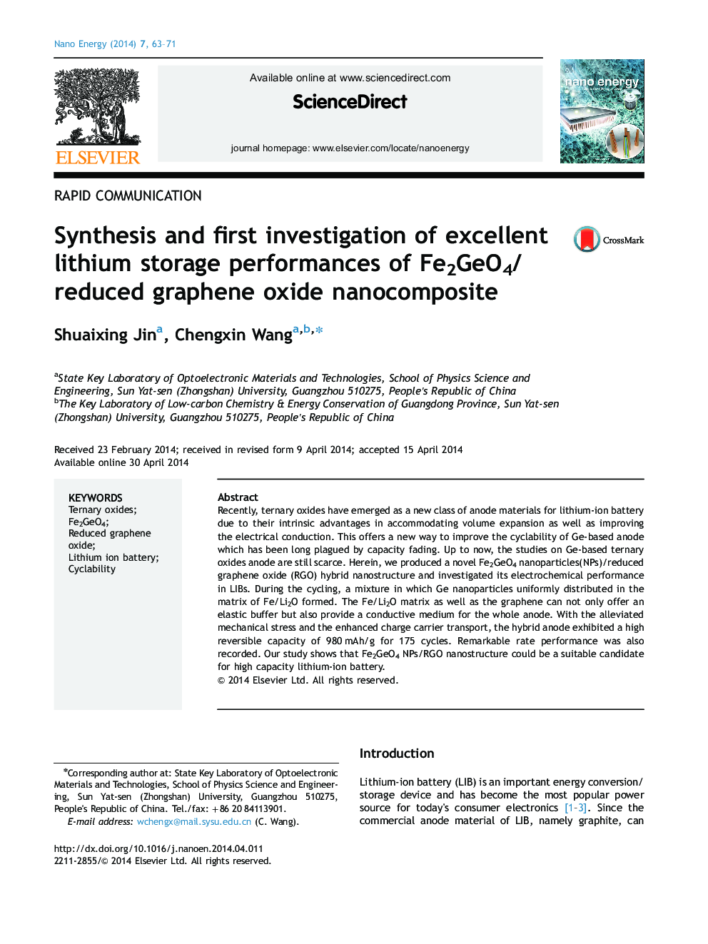 Synthesis and first investigation of excellent lithium storage performances of Fe2GeO4/reduced graphene oxide nanocomposite