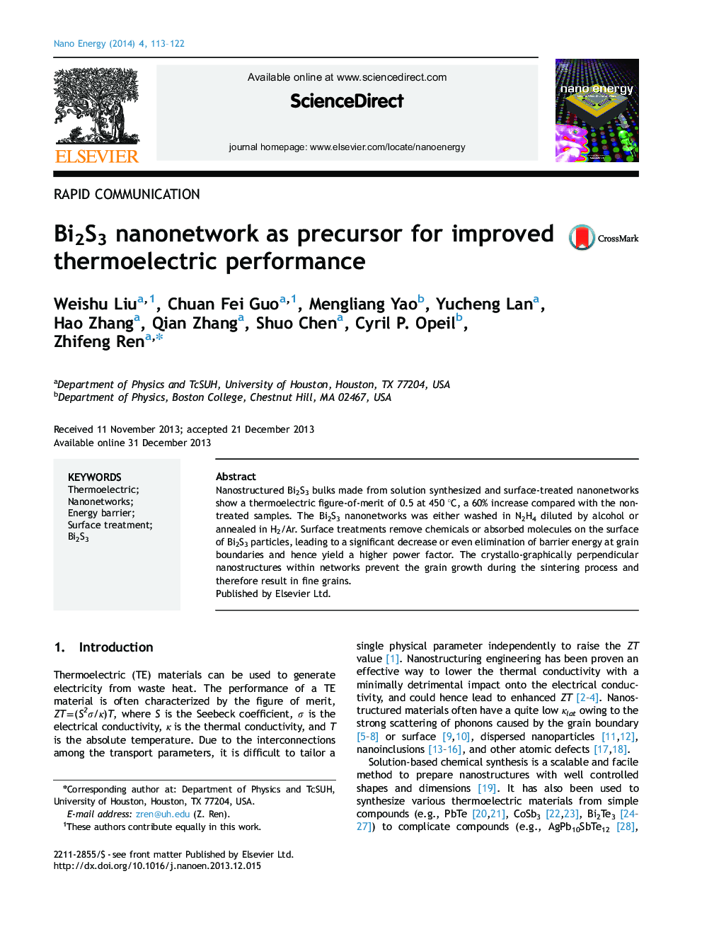 Bi2S3 nanonetwork as precursor for improved thermoelectric performance