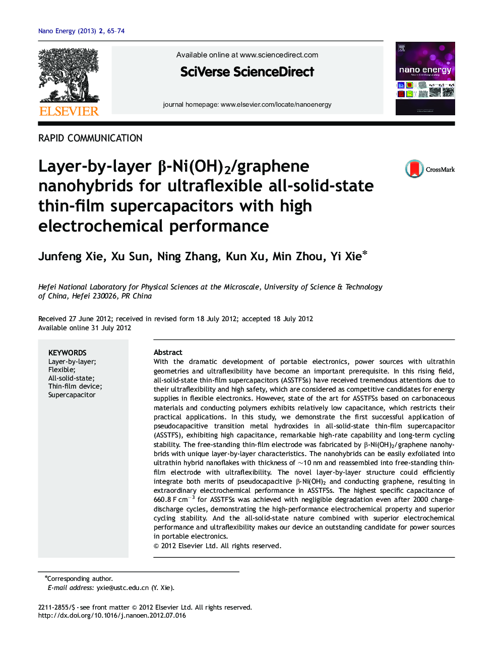 Layer-by-layer β-Ni(OH)2/graphene nanohybrids for ultraflexible all-solid-state thin-film supercapacitors with high electrochemical performance