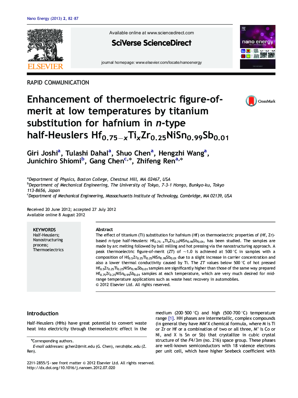 Enhancement of thermoelectric figure-of-merit at low temperatures by titanium substitution for hafnium in n-type half-Heuslers Hf0.75−xTixZr0.25NiSn0.99Sb0.01