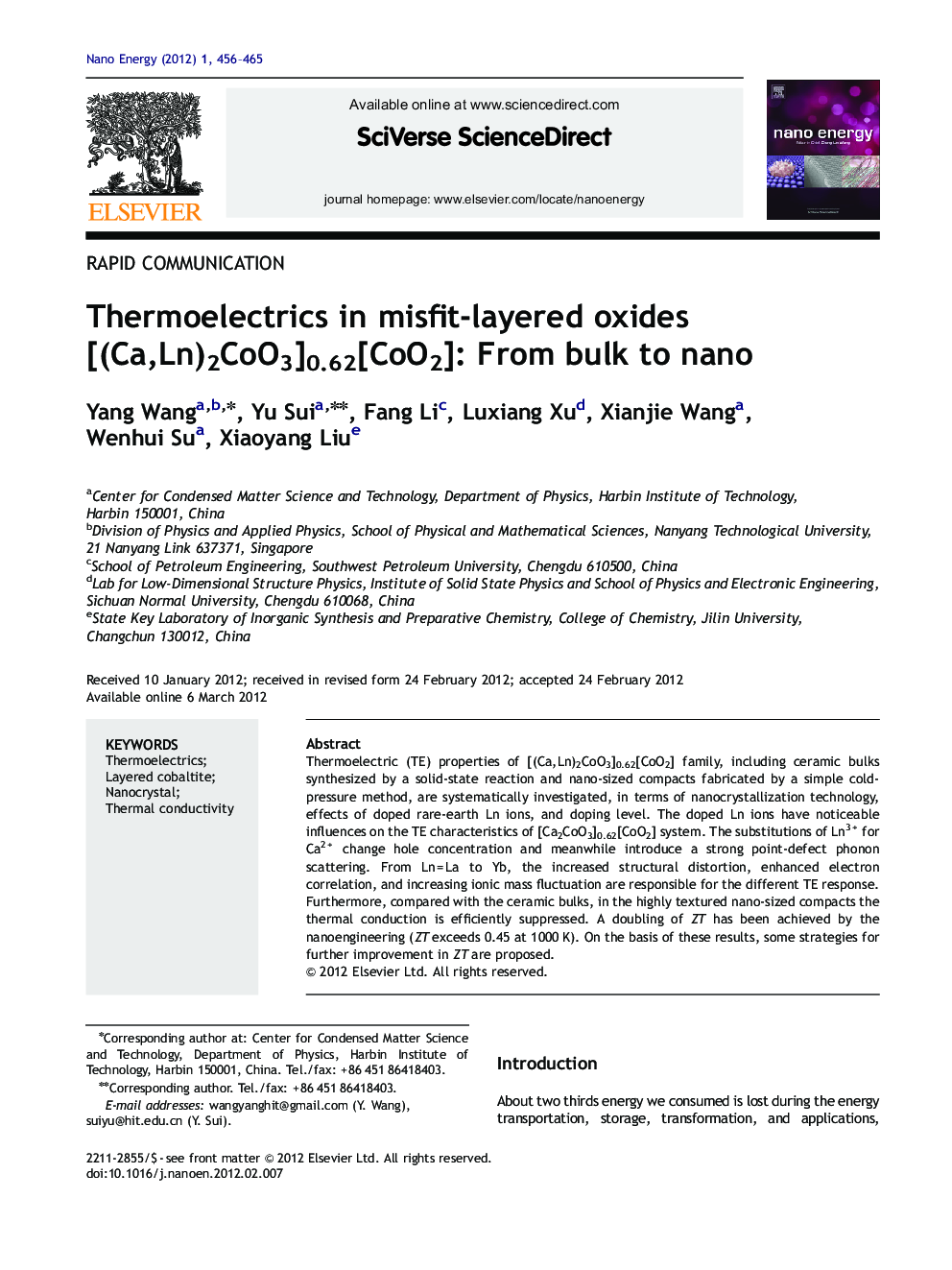 Thermoelectrics in misfit-layered oxides [(Ca,Ln)2CoO3]0.62[CoO2]: From bulk to nano