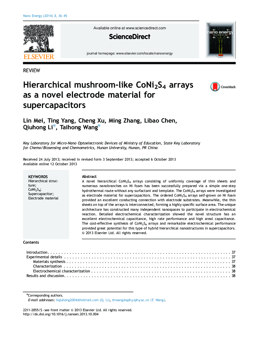 Hierarchical mushroom-like CoNi2S4 arrays as a novel electrode material for supercapacitors