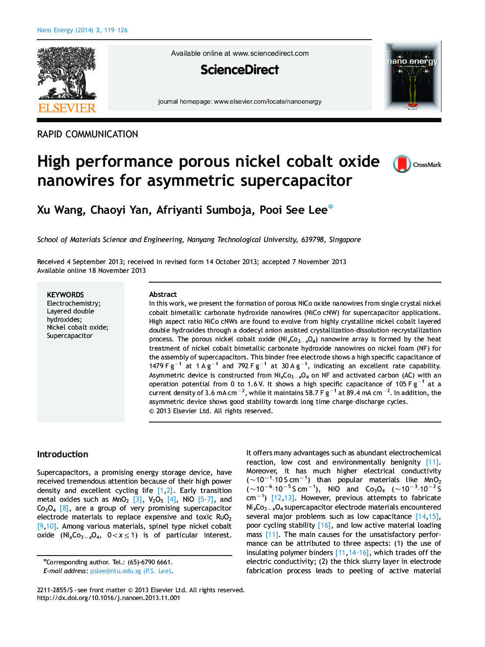 High performance porous nickel cobalt oxide nanowires for asymmetric supercapacitor