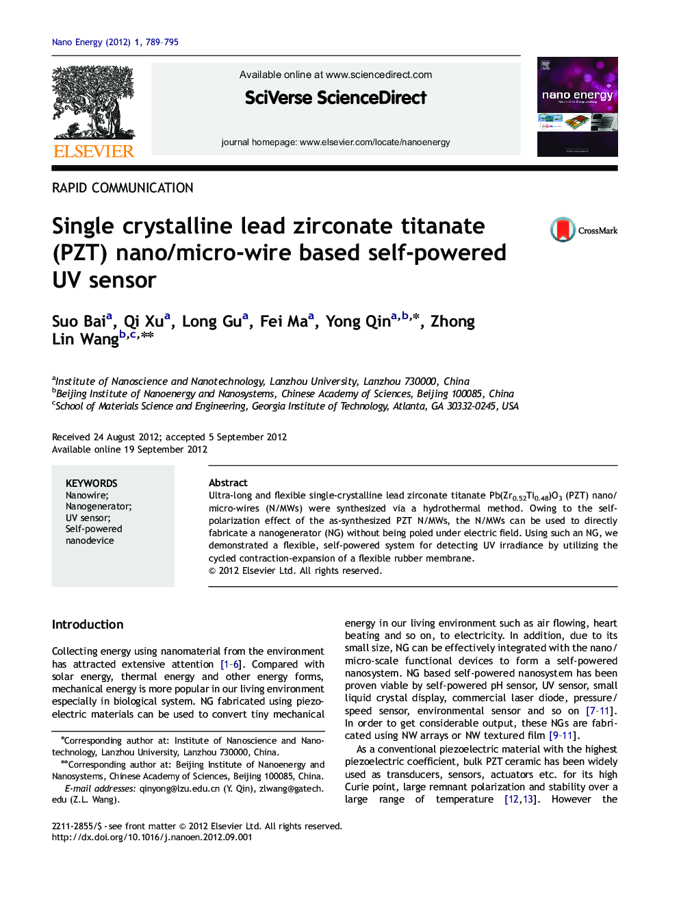 Single crystalline lead zirconate titanate (PZT) nano/micro-wire based self-powered UV sensor