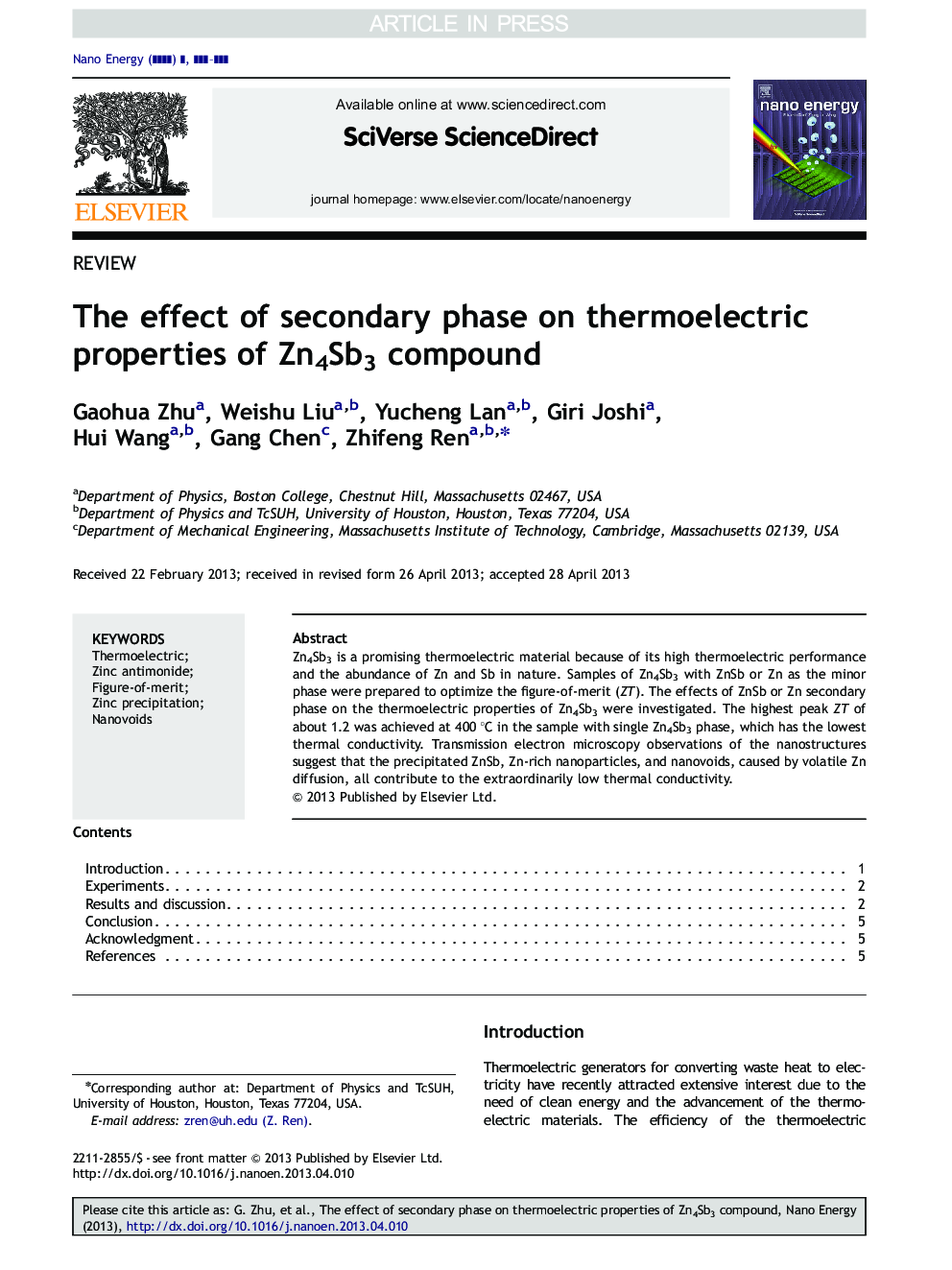 The effect of secondary phase on thermoelectric properties of Zn4Sb3 compound