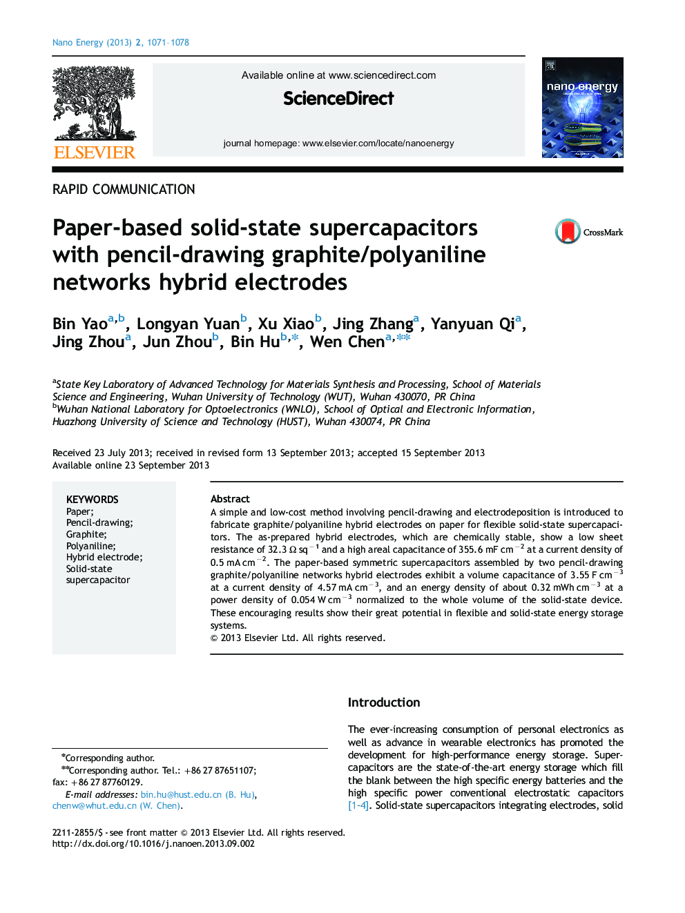 Paper-based solid-state supercapacitors with pencil-drawing graphite/polyaniline networks hybrid electrodes