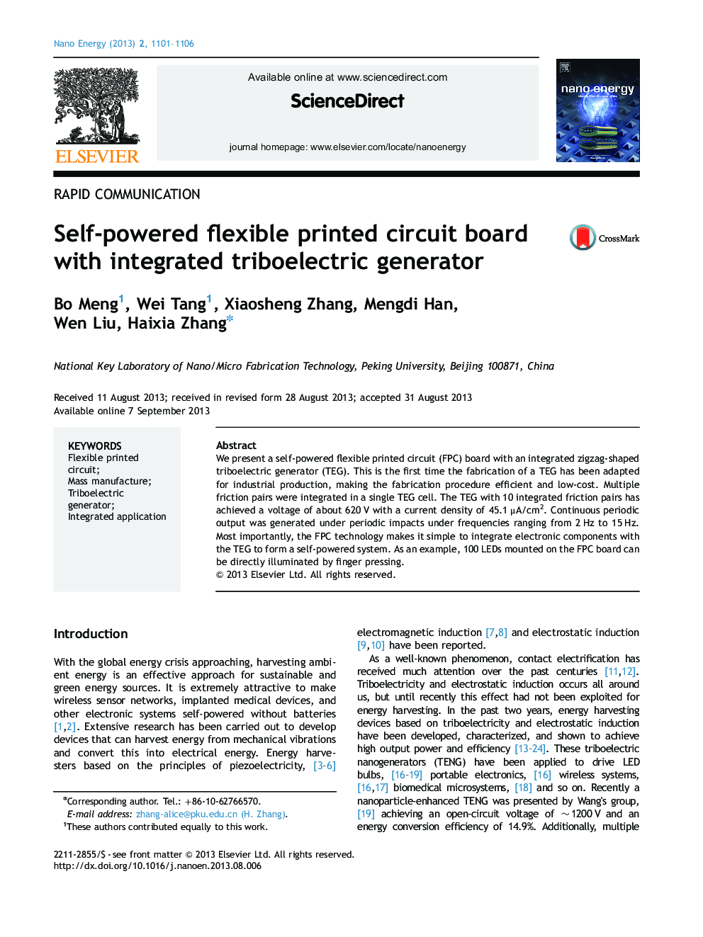 Self-powered flexible printed circuit board with integrated triboelectric generator