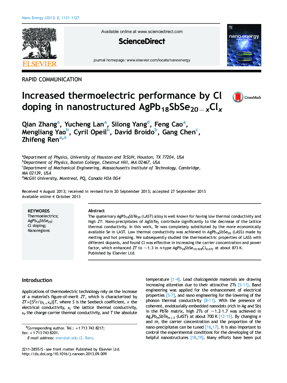 Increased thermoelectric performance by Cl doping in nanostructured AgPb18SbSe20âxClx