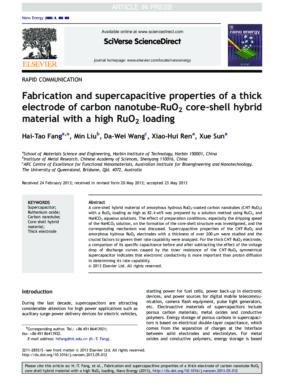 Fabrication and supercapacitive properties of a thick electrode of carbon nanotube-RuO2 core-shell hybrid material with a high RuO2 loading