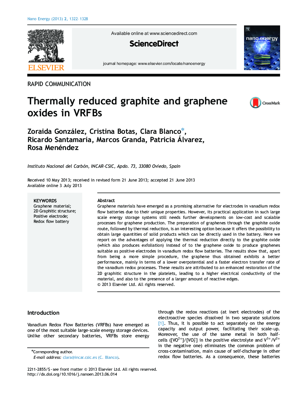 Thermally reduced graphite and graphene oxides in VRFBs