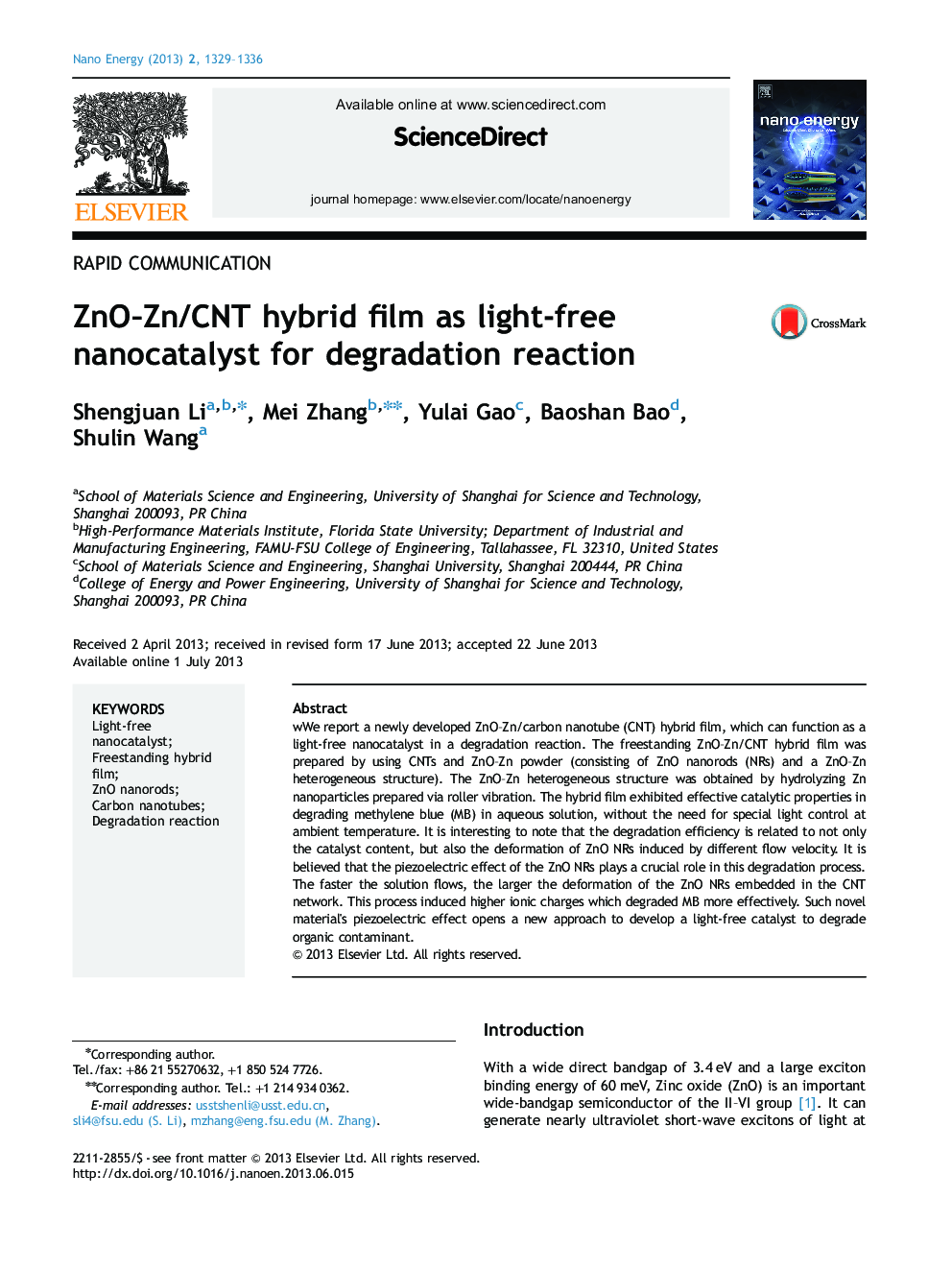 ZnO-Zn/CNT hybrid film as light-free nanocatalyst for degradation reaction