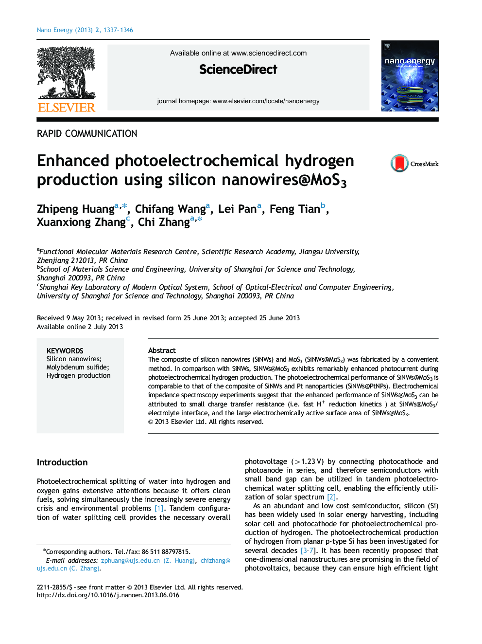 Enhanced photoelectrochemical hydrogen production using silicon nanowires@MoS3