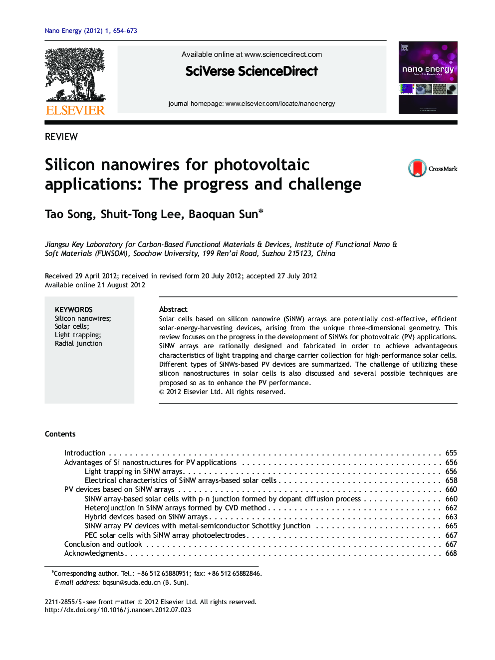 Silicon nanowires for photovoltaic applications: The progress and challenge