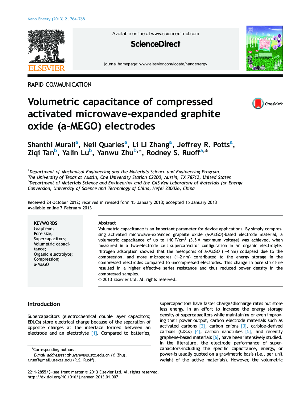 Volumetric capacitance of compressed activated microwave-expanded graphite oxide (a-MEGO) electrodes