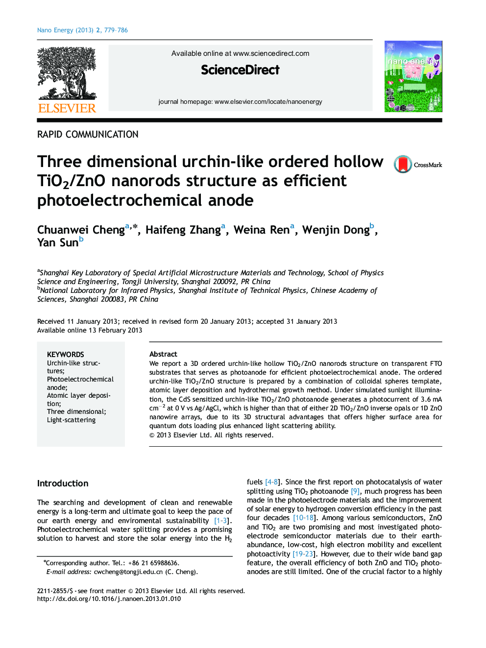 Three dimensional urchin-like ordered hollow TiO2/ZnO nanorods structure as efficient photoelectrochemical anode