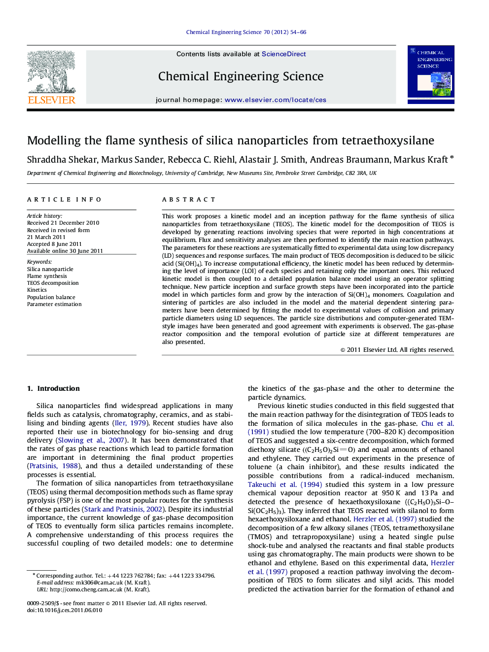 Modelling the flame synthesis of silica nanoparticles from tetraethoxysilane