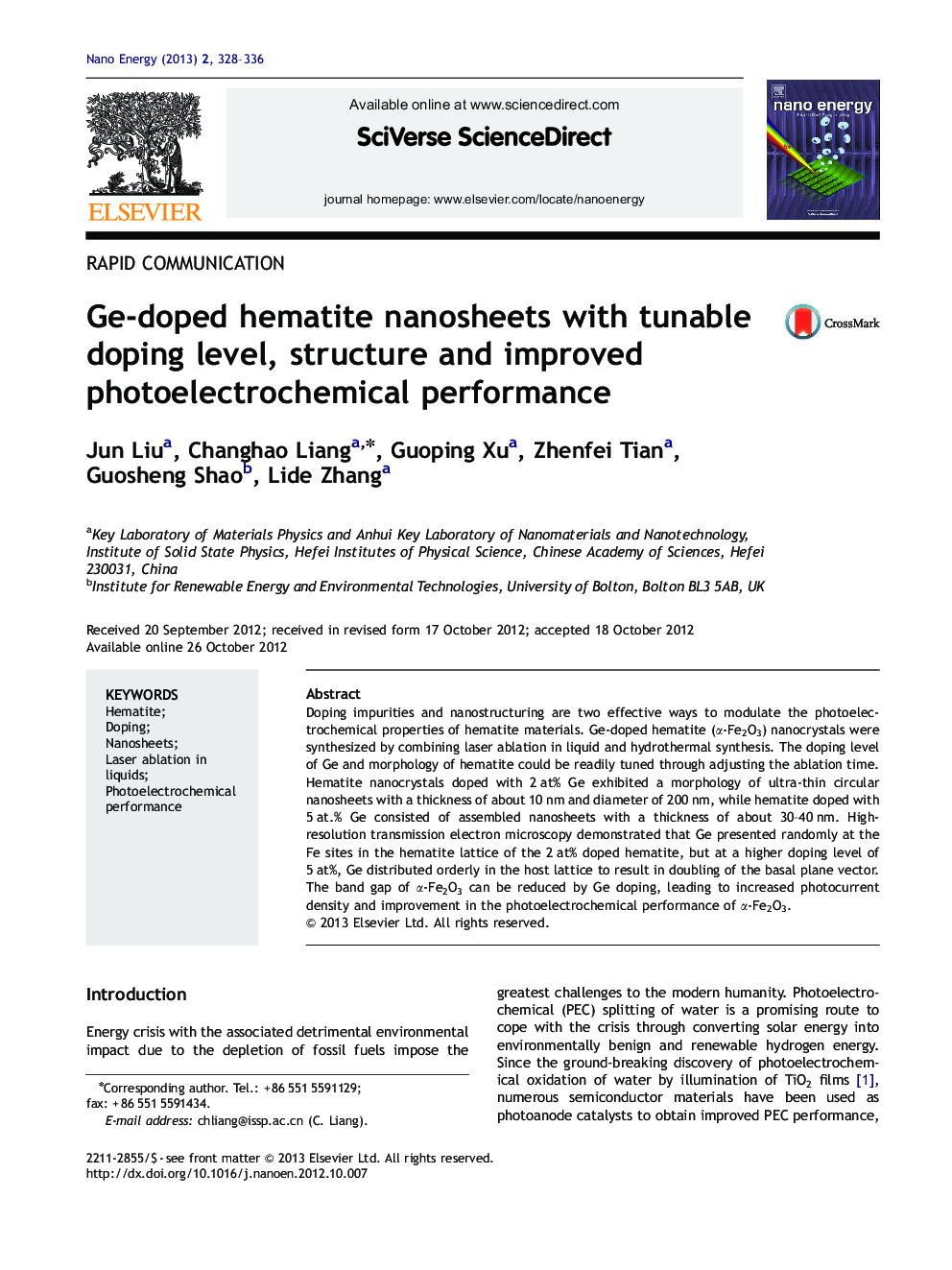 Ge-doped hematite nanosheets with tunable doping level, structure and improved photoelectrochemical performance