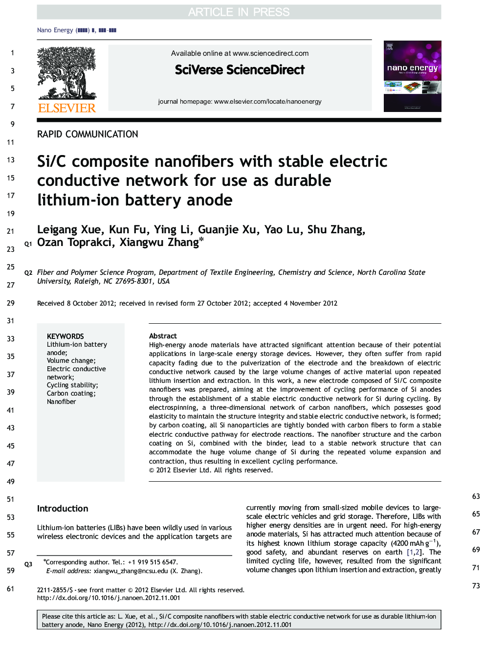 Si/C composite nanofibers with stable electric conductive network for use as durable lithium-ion battery anode