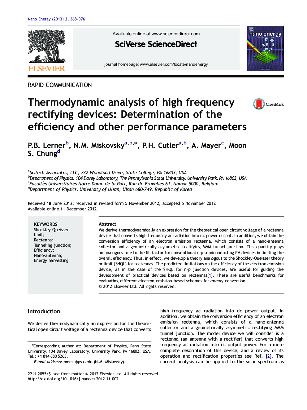 Thermodynamic analysis of high frequency rectifying devices: Determination of the efficiency and other performance parameters