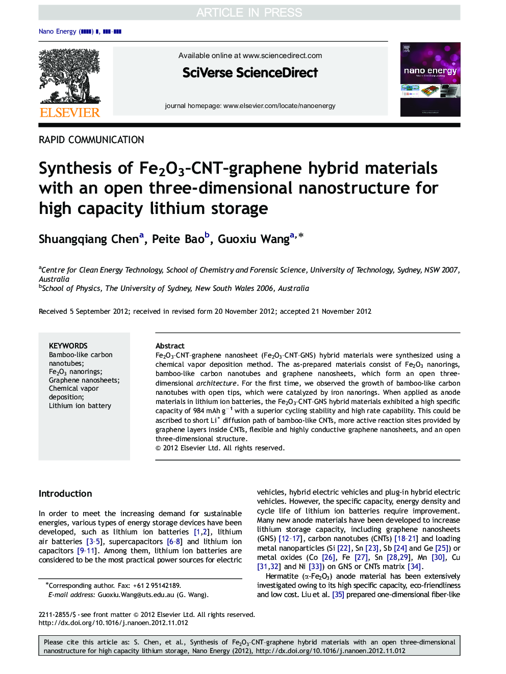 Synthesis of Fe2O3-CNT-graphene hybrid materials with an open three-dimensional nanostructure for high capacity lithium storage