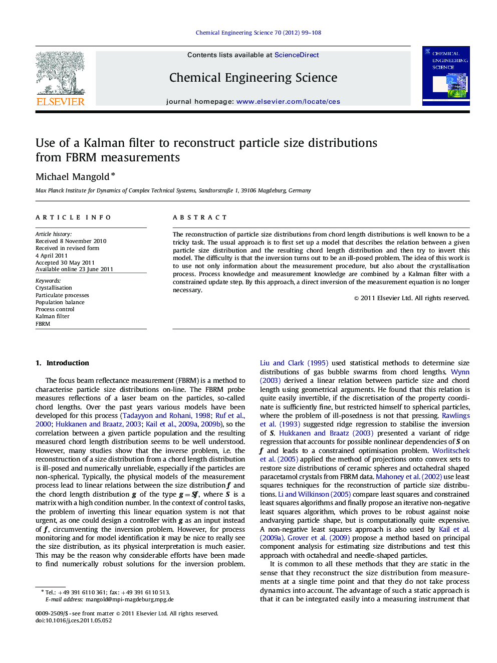 Use of a Kalman filter to reconstruct particle size distributions from FBRM measurements