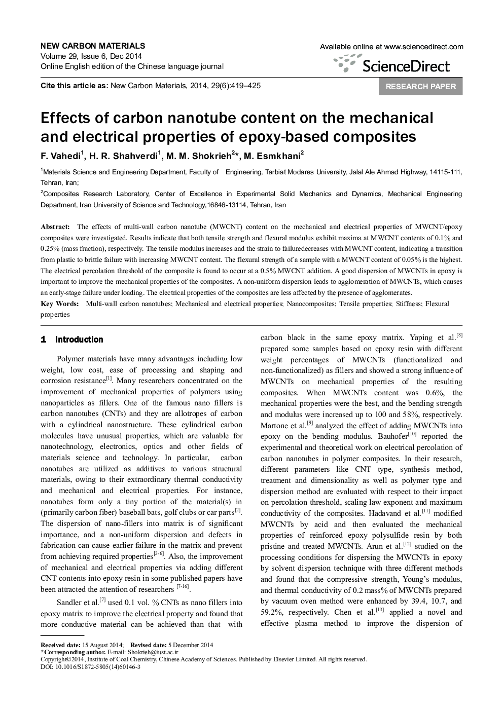 اثرات محتوای نانولوله کربن بر خواص مکانیکی و الکتریکی کامپوزیت های اپوکسی 