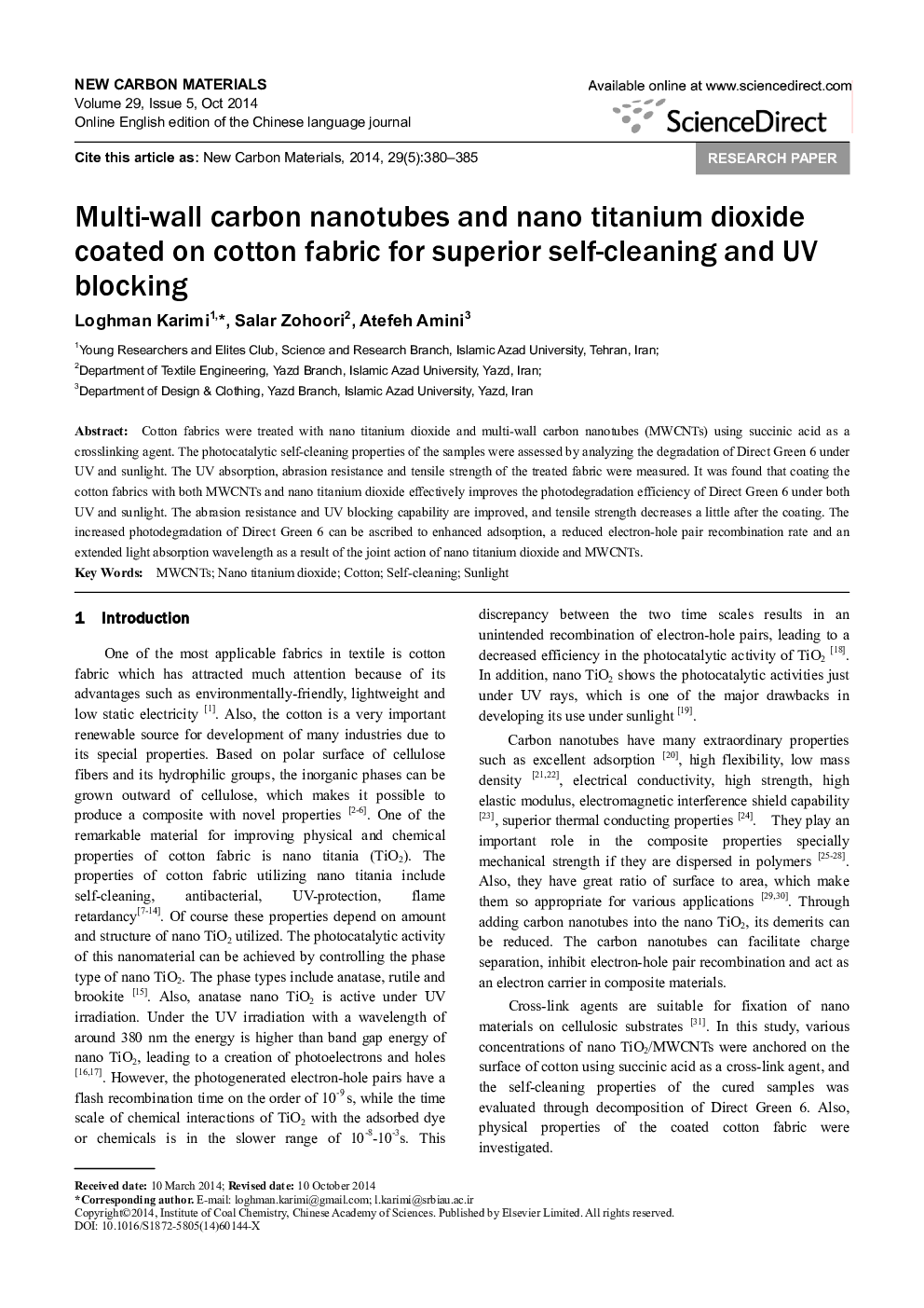 Multi-wall carbon nanotubes and nano titanium dioxide coated on cotton fabric for superior self-cleaning and UV blocking