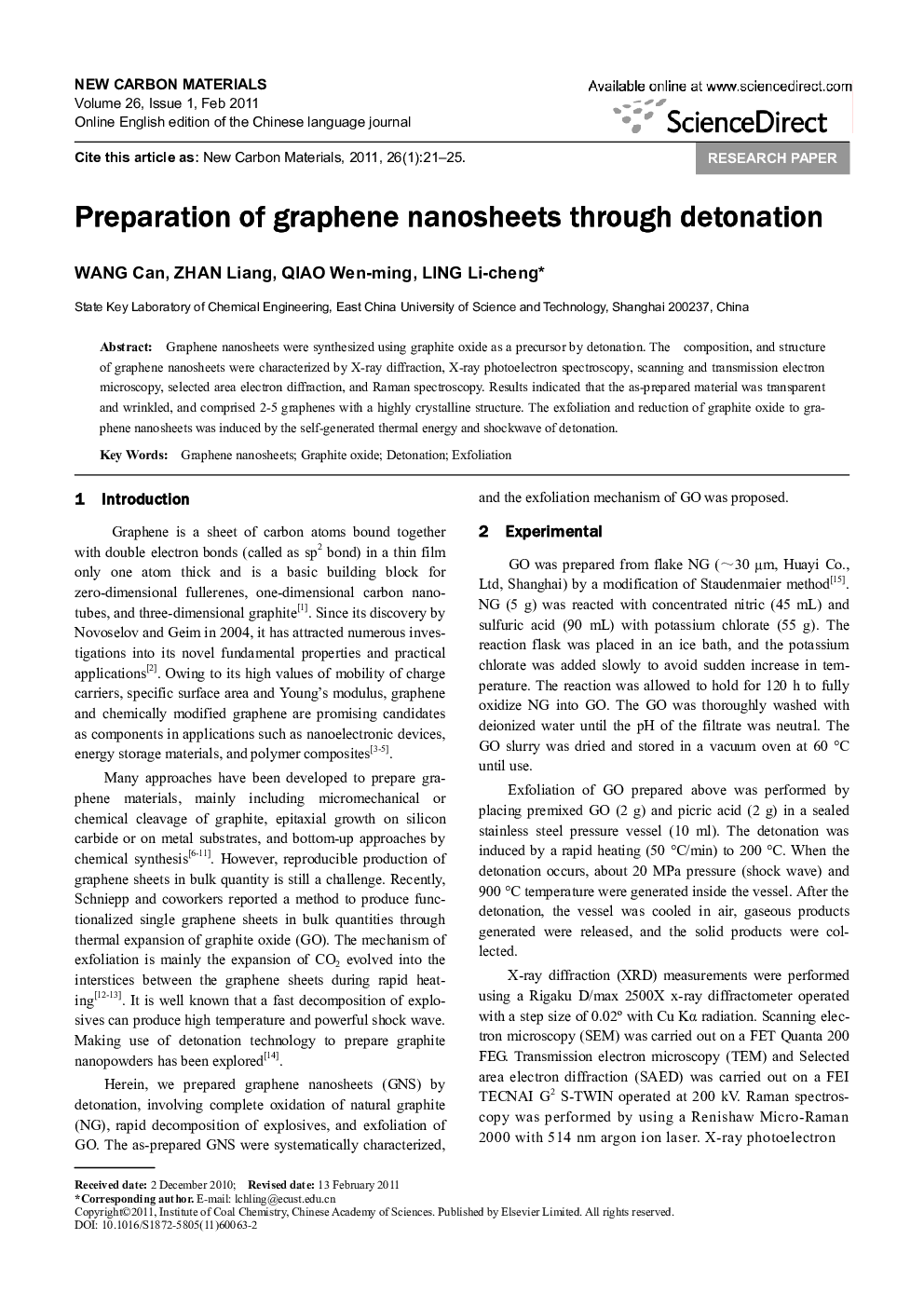 Preparation of graphene nanosheets through detonation