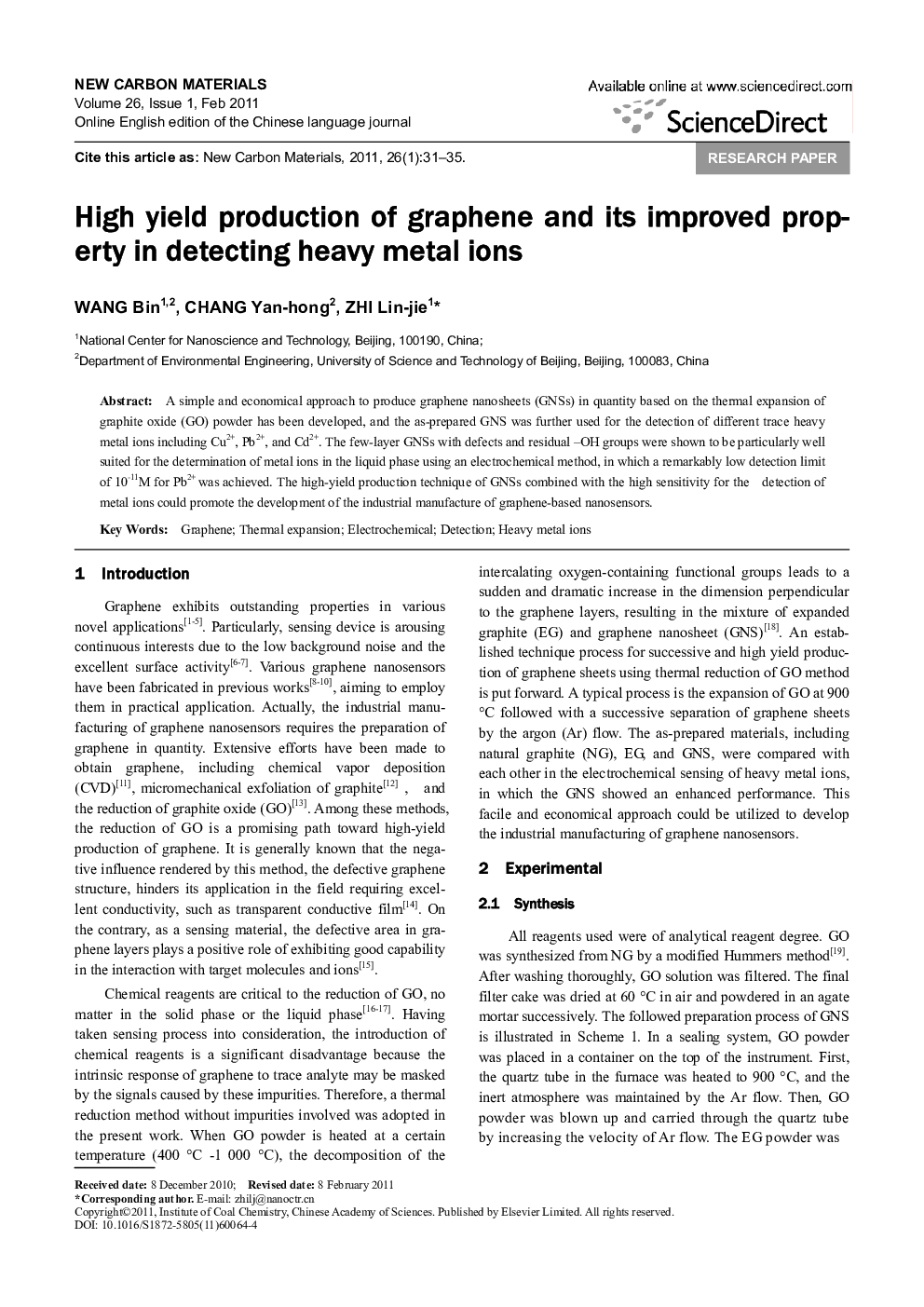 High yield production of graphene and its improved property in detecting heavy metal ions