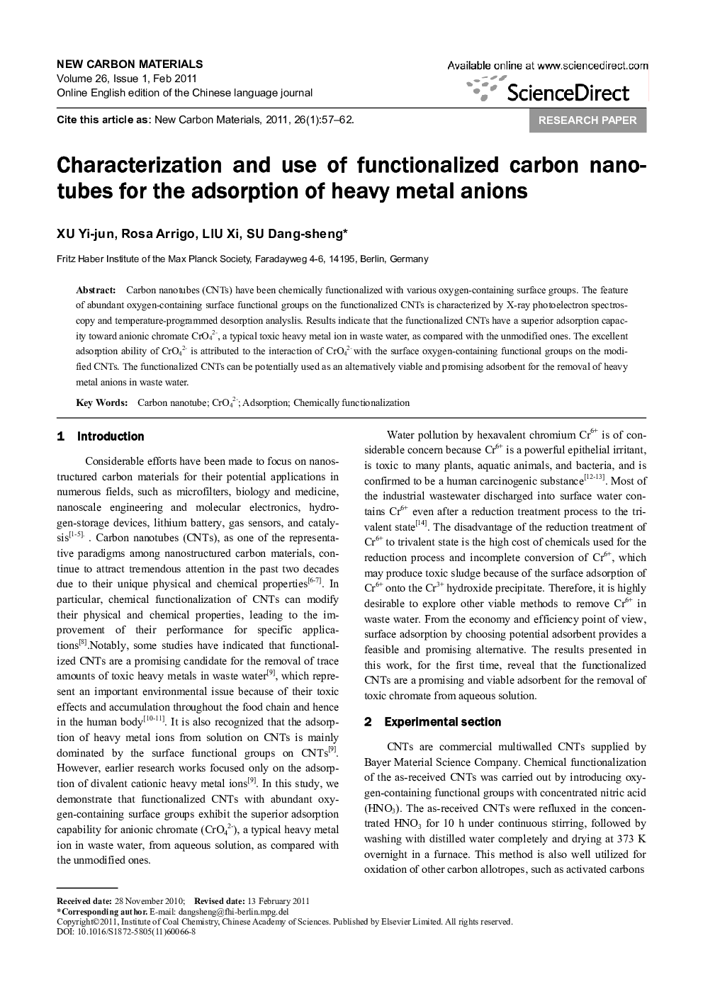 Characterization and use of functionalized carbon nanotubes for the adsorption of heavy metal anions