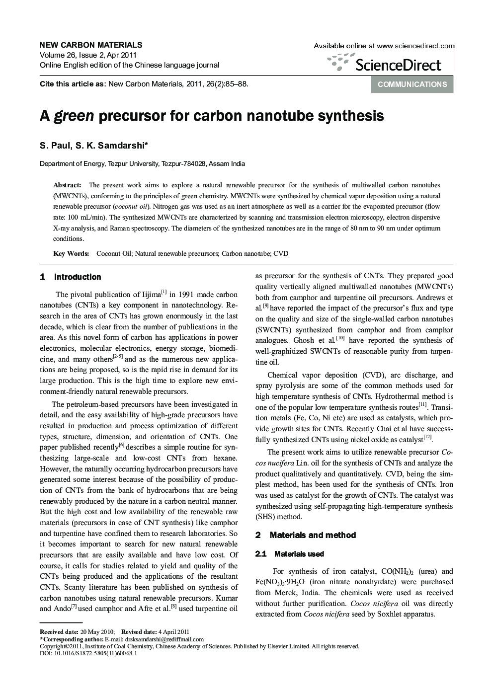A green precursor for carbon nanotube synthesis