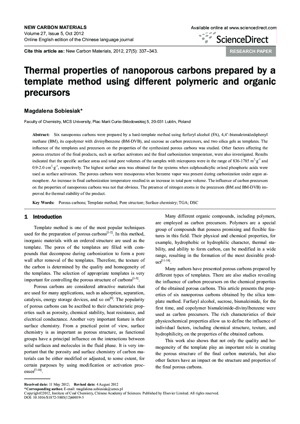 Thermal properties of nanoporous carbons prepared by a template method using different polymeric and organic precursors