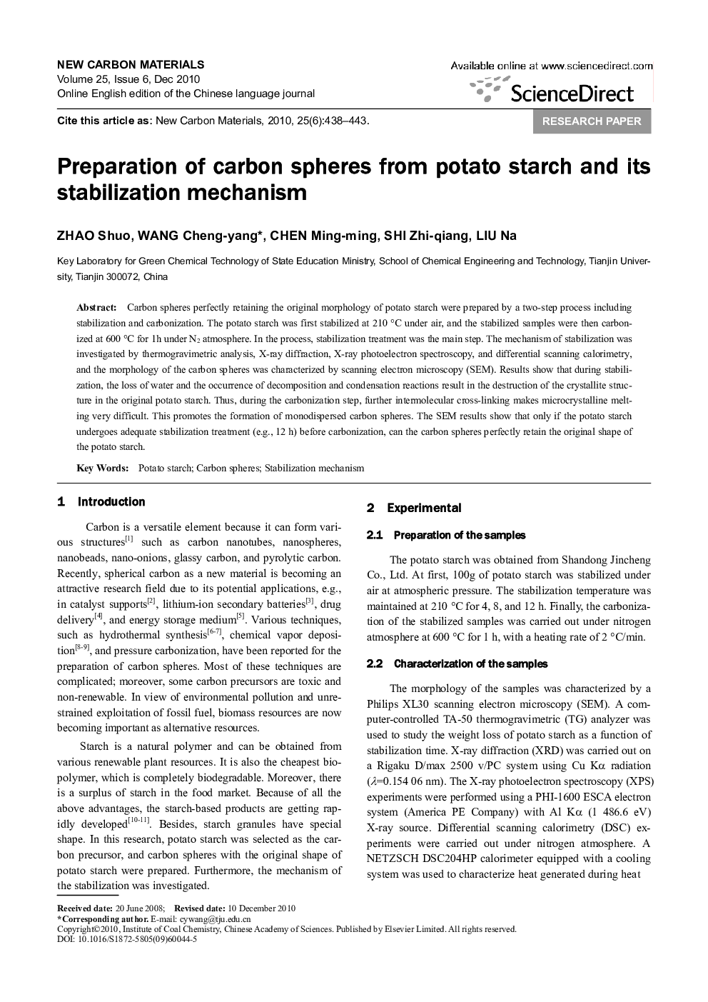 Preparation of carbon spheres from potato starch and its stabilization mechanism