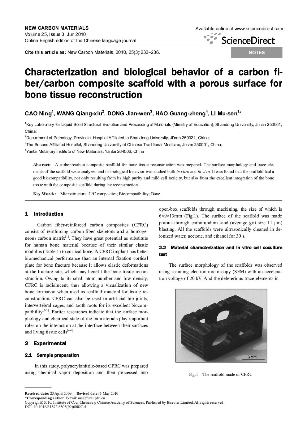 Characterization and biological behavior of a carbon fiber/carbon composite scaffold with a porous surface for bone tissue reconstruction