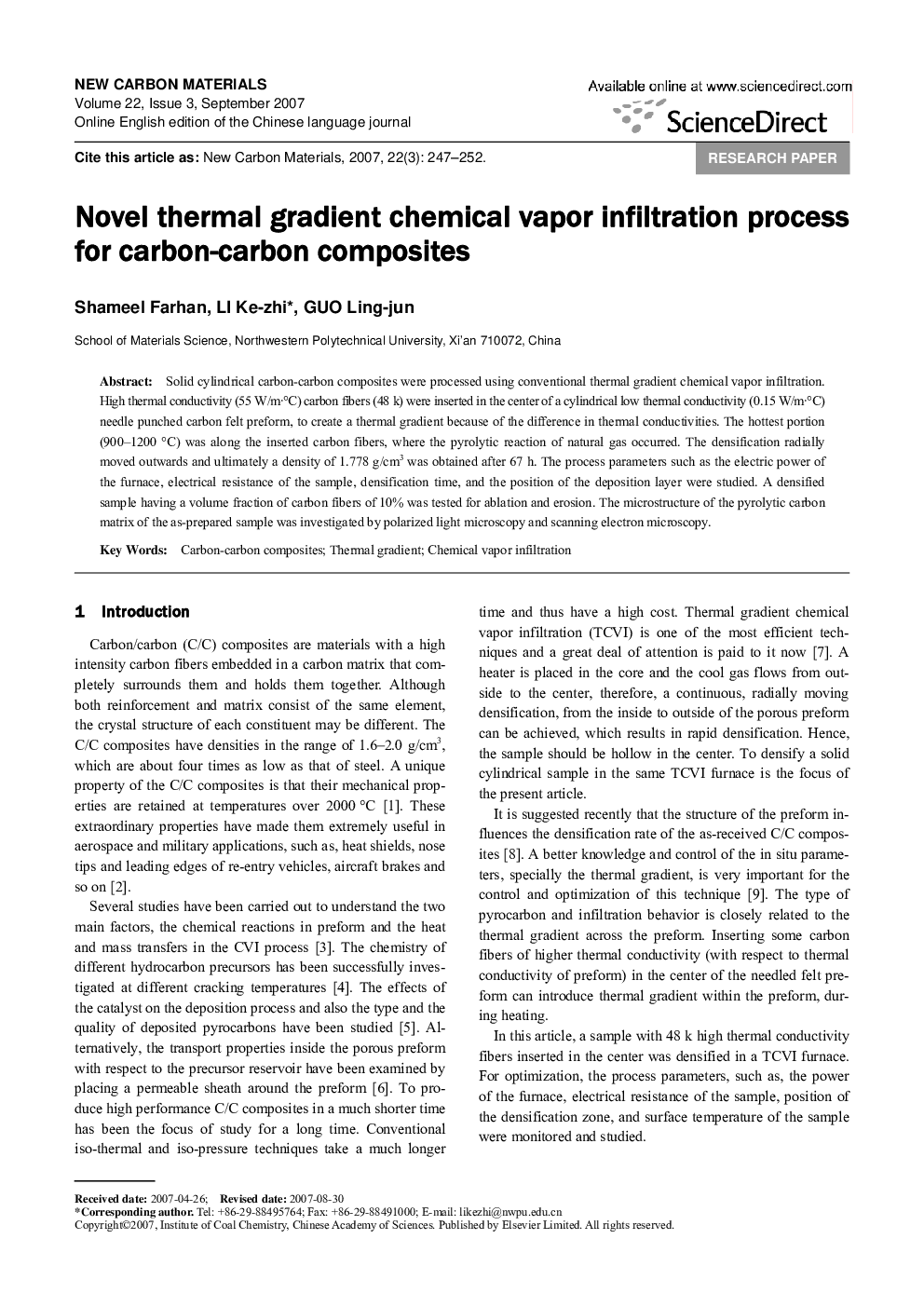 Novel thermal gradient chemical vapor infiltration process for carbon-carbon composites