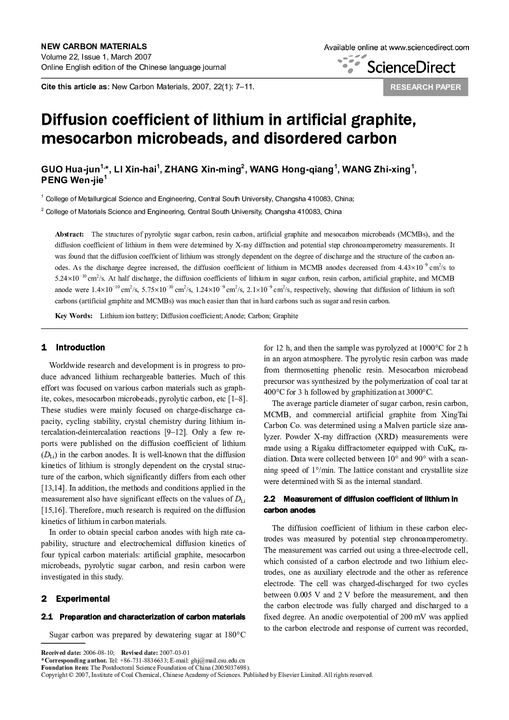Diffusion coefficient of lithium in artificial graphite, mesocarbon microbeads, and disordered carbon 