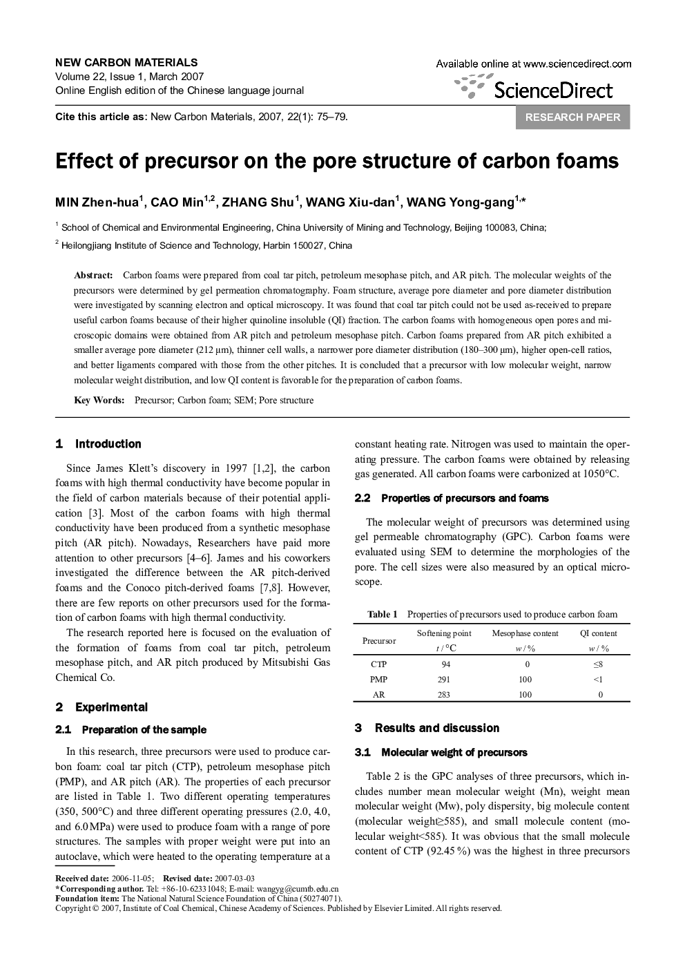 Effect of precursor on the pore structure of carbon foams 