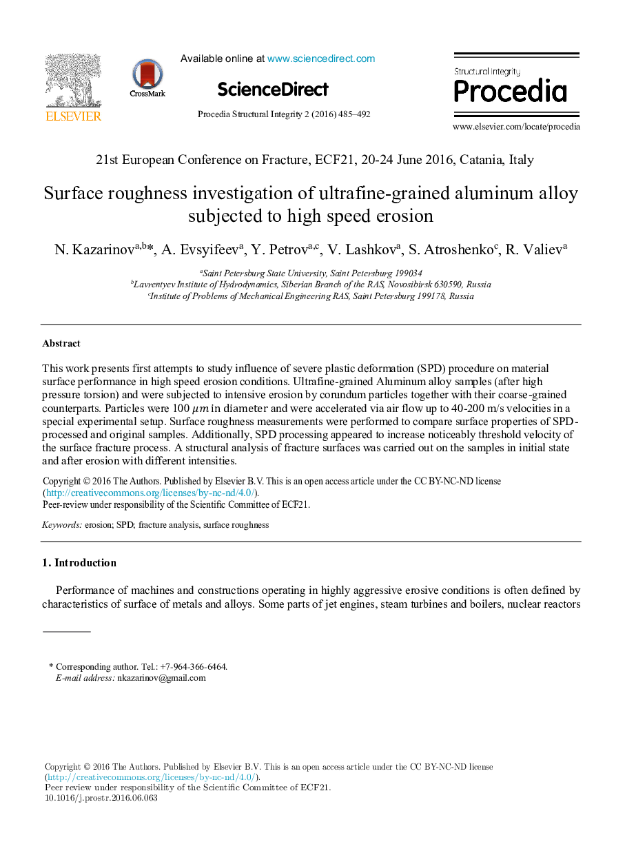 Surface roughness investigation of ultrafine-grained aluminum alloy subjected to high speed erosion