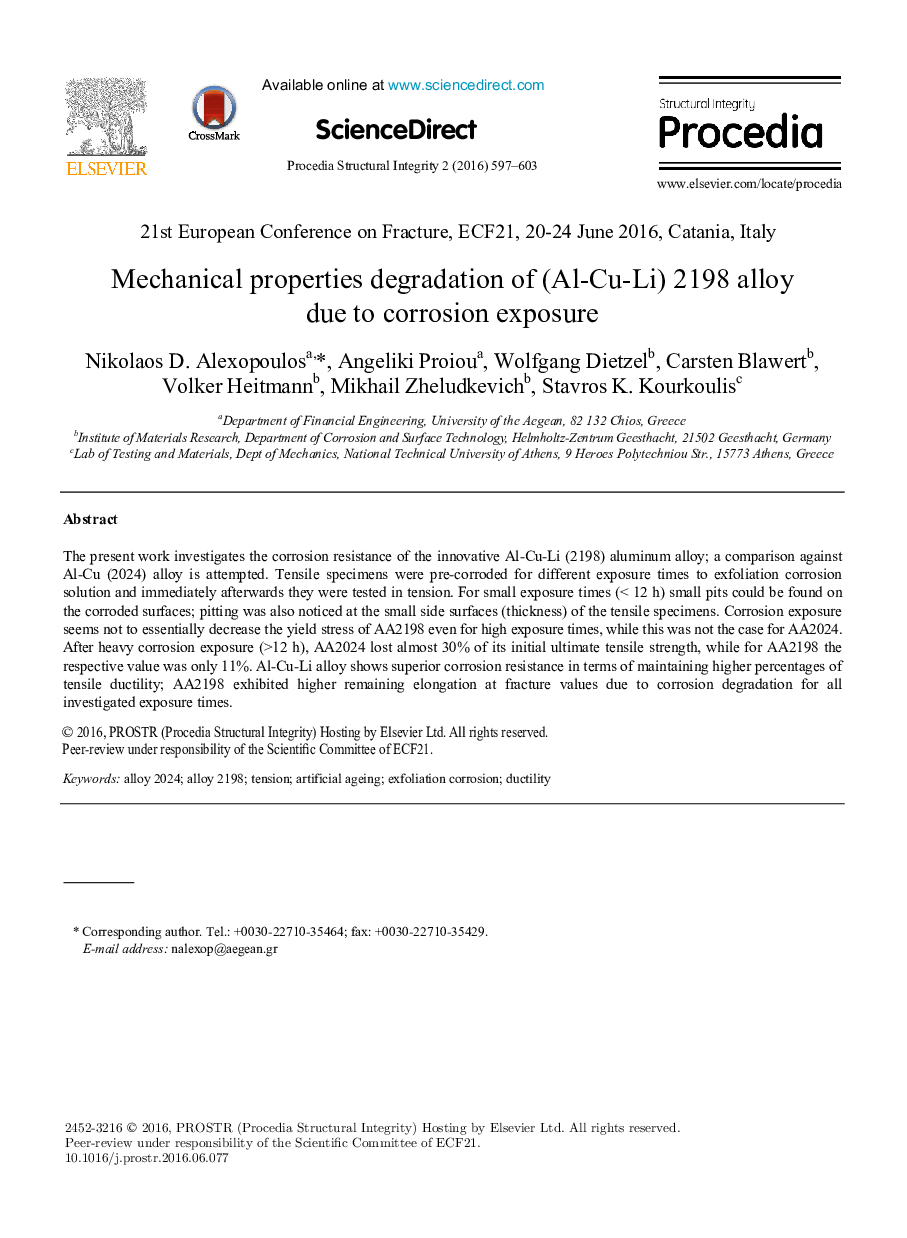Mechanical properties degradation of (Al-Cu-Li) 2198 alloy due to corrosion exposure