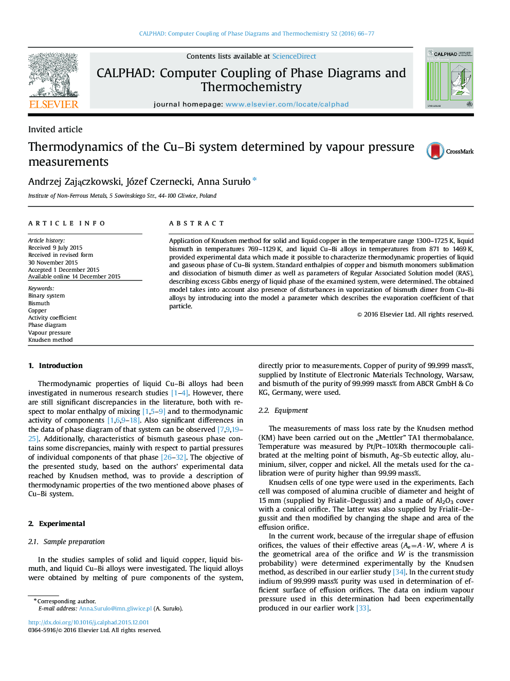 عکس صفحه اول مقاله: Thermodynamics of the Cu-Bi system determined by vapour pressure measurements Thermodynamics of the Cu-Bi system determined by vapour pressure measurements