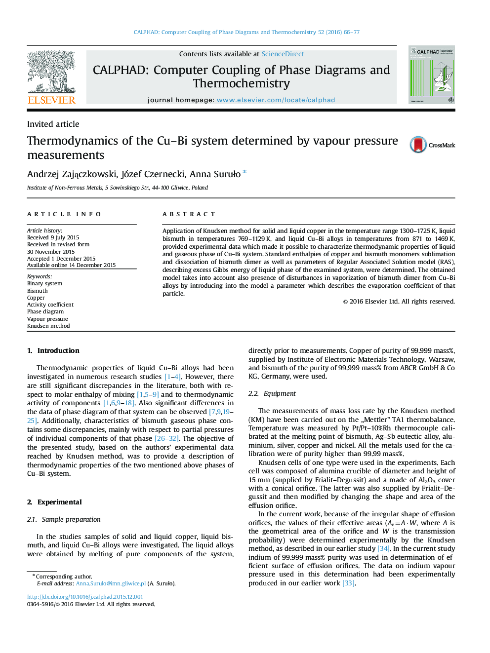 Thermodynamics of the Cu-Bi system determined by vapour pressure measurements