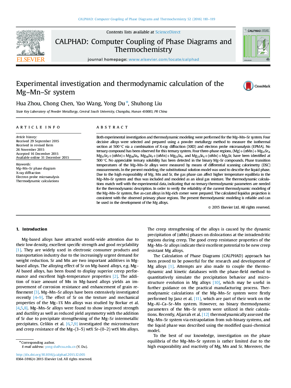 Experimental investigation and thermodynamic calculation of the Mg-Mn-Sr system