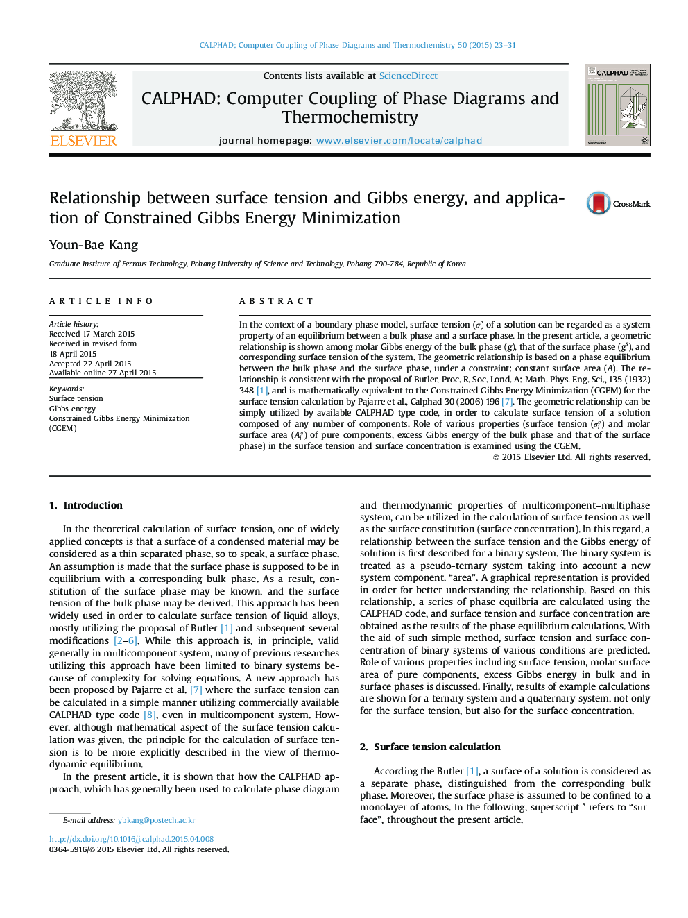 Relationship between surface tension and Gibbs energy, and application of Constrained Gibbs Energy Minimization