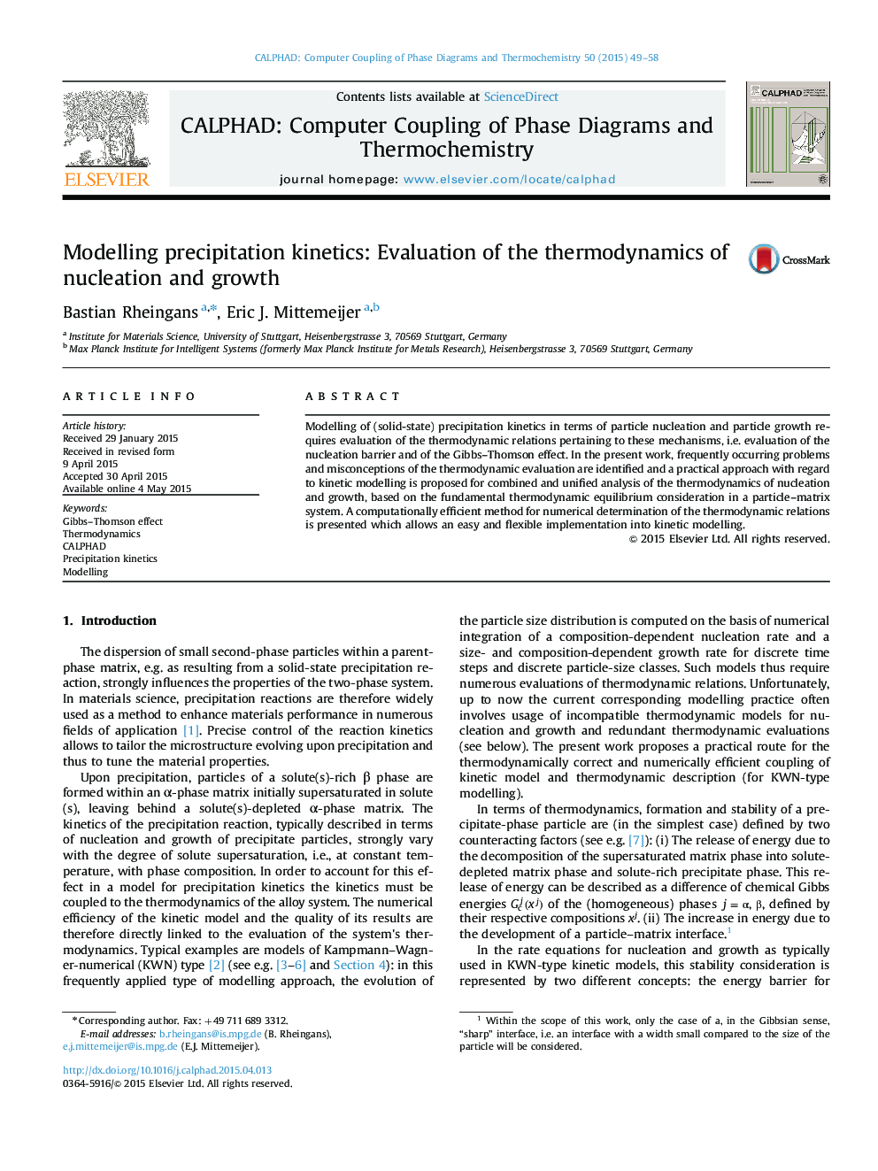 Modelling precipitation kinetics: Evaluation of the thermodynamics of nucleation and growth