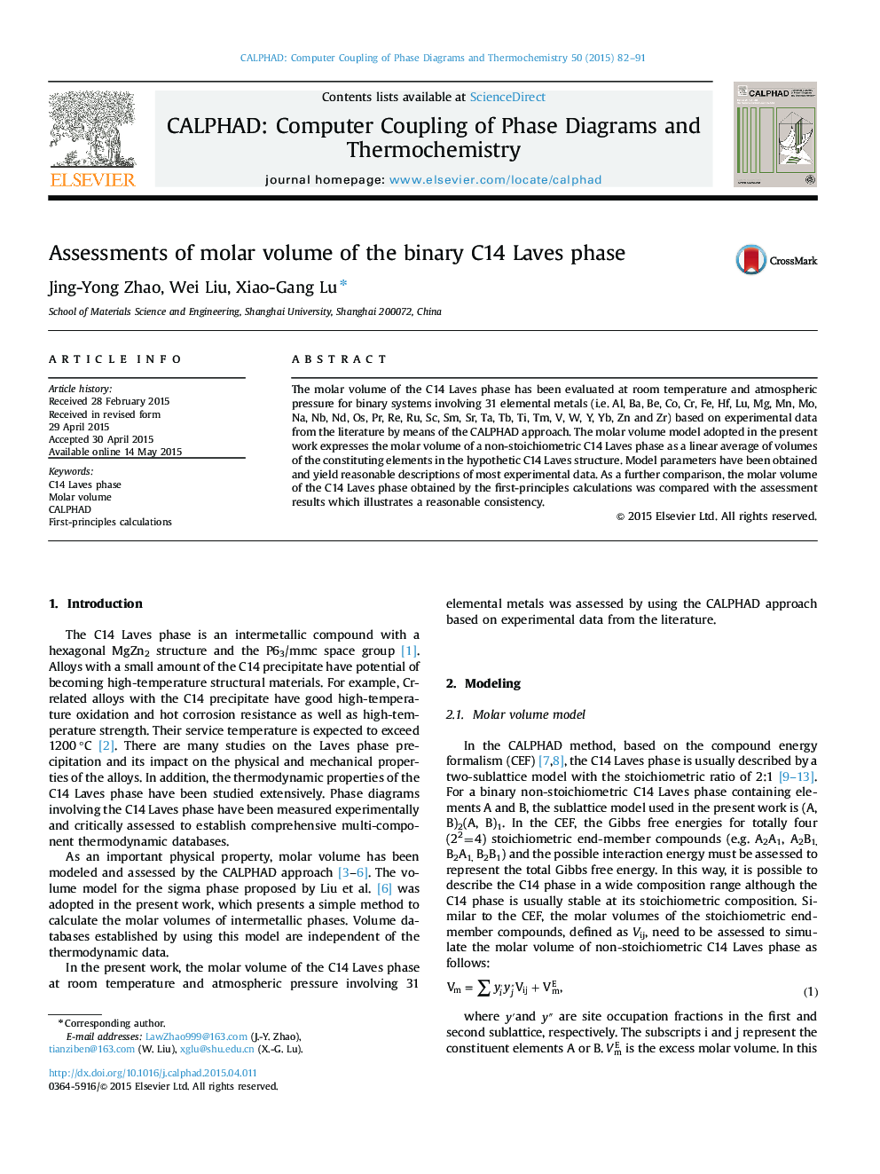 Assessments of molar volume of the binary C14 Laves phase