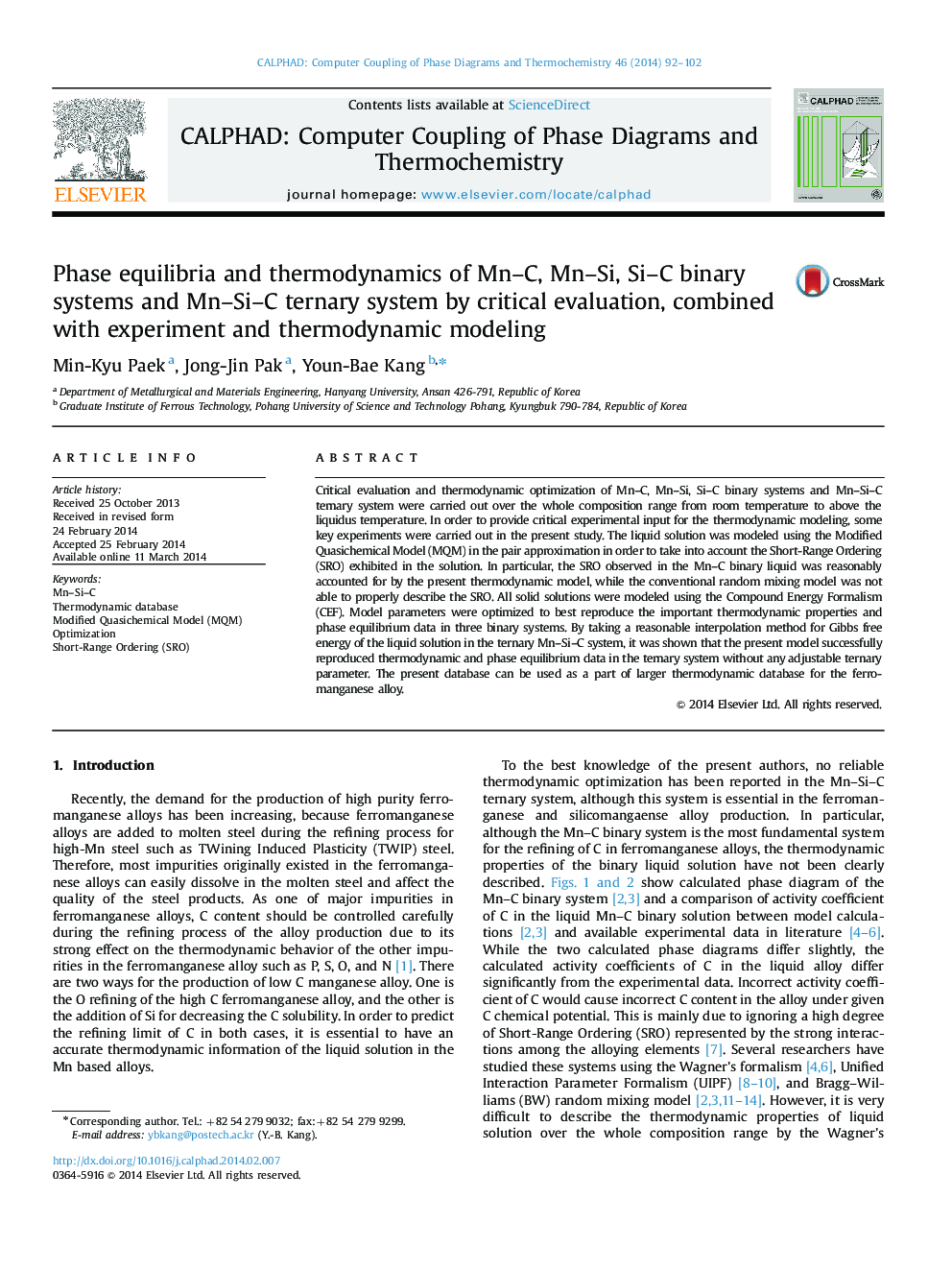 Phase equilibria and thermodynamics of Mn-C, Mn-Si, Si-C binary systems and Mn-Si-C ternary system by critical evaluation, combined with experiment and thermodynamic modeling