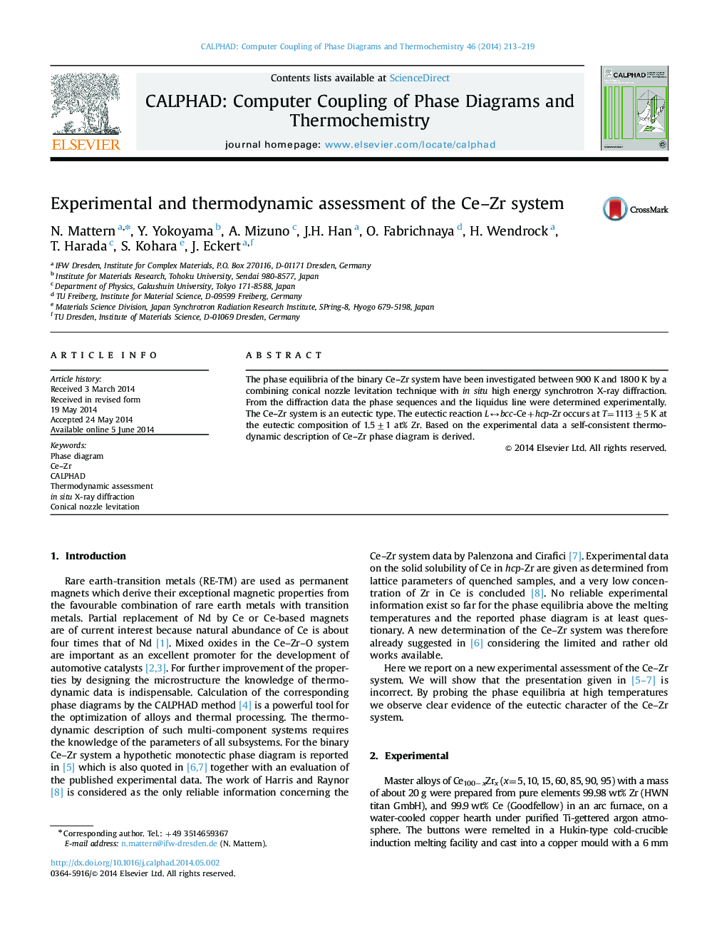 Experimental and thermodynamic assessment of the Ce–Zr system