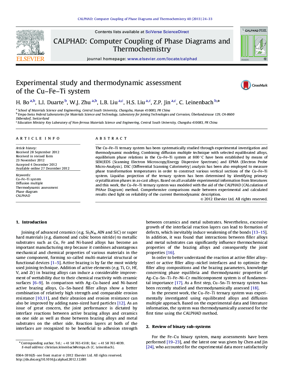 Experimental study and thermodynamic assessment of the Cu-Fe-Ti system