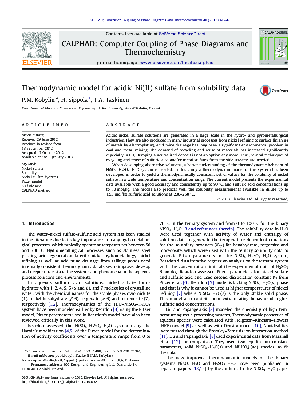 Thermodynamic model for acidic Ni(II) sulfate from solubility data